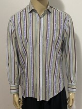 Robert Graham Men's Large Striped Floral Embroidered Shirt Purple Green White
