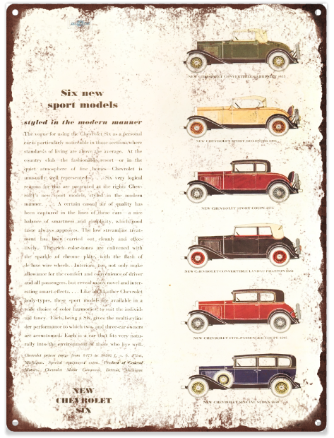 1932 Chevrolet 6 Sport Models Vintage Garage Metal Sign 9x12 Repro