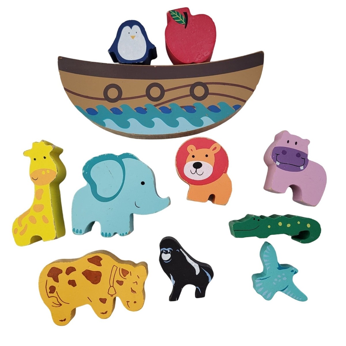 Wooden Noah's Ark Balance Blocks Animals Giraffe Lion Cow Boat