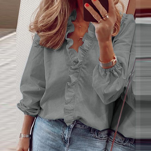 Womens Ruffle V-Neck T-Shirt Ladies Long Sleeve Blouse Casual Loose Shirts Tops - Picture 15 of 18