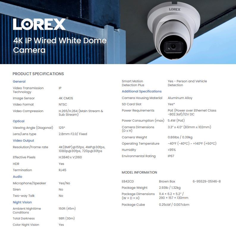 Lorex E842CD White 4K (8MP) IP Wired Turret Security Camera Lorex E842CD White 4K (8MP) IP Wired Turret Security Camera