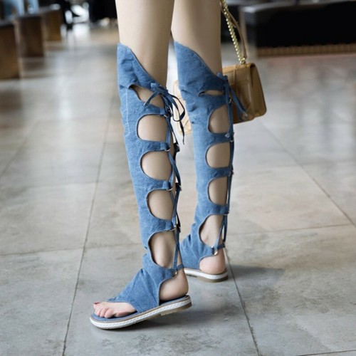 Le Donne Lacci Con Cinturini Sandali Gladiatore Alte Da Coscia Overknee Stivali  Estivi Tanga | eBay