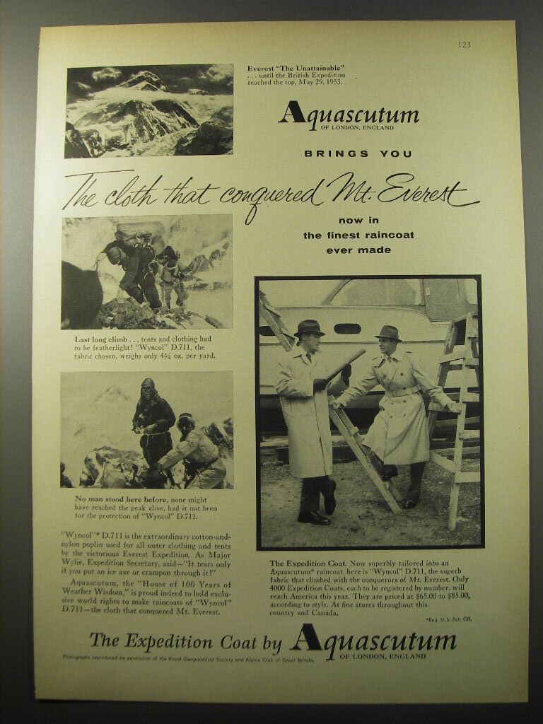 1955 Aquascutum Coats Ad The cloth that conquered Everest