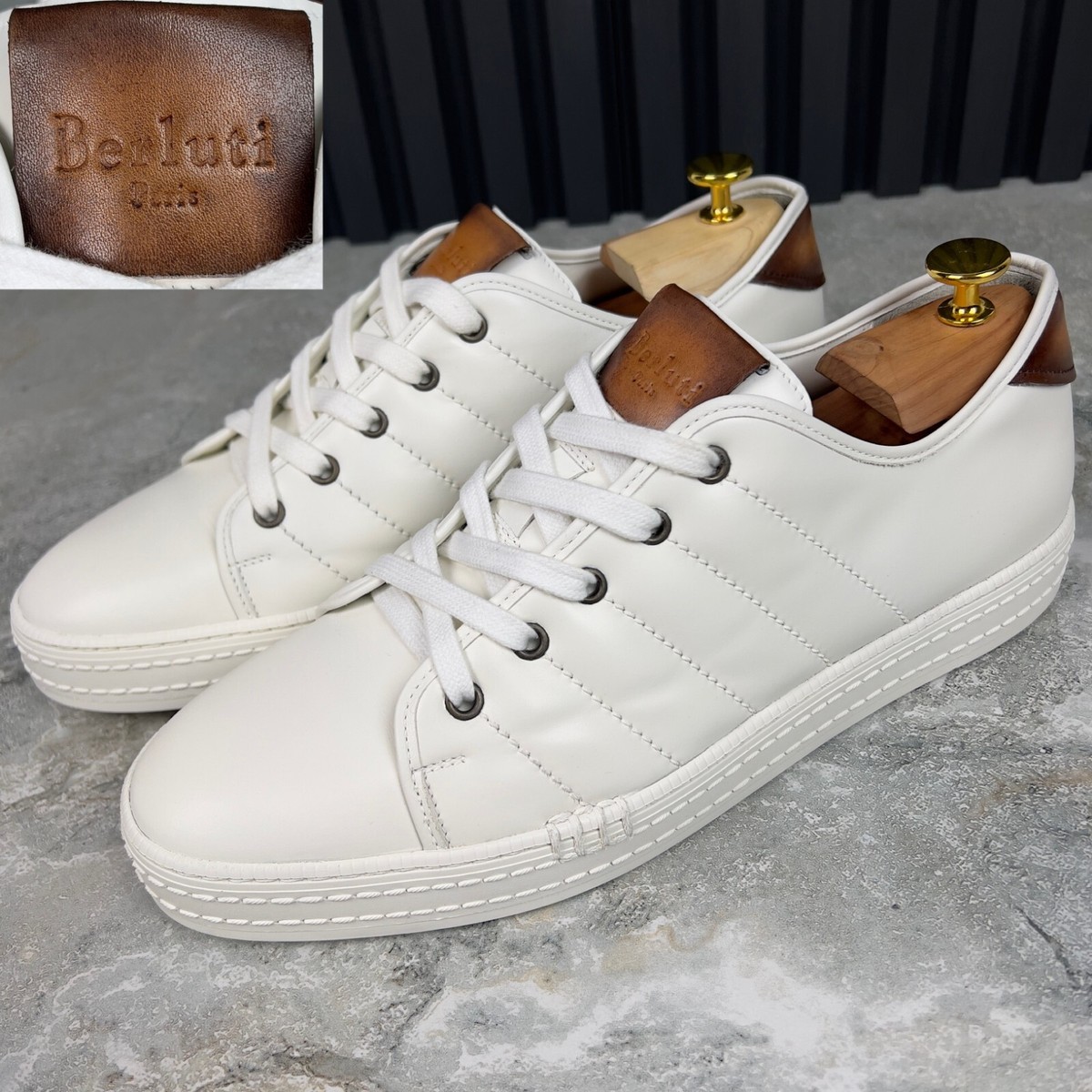 Berluti Playtime Sneakers White Leather Brown Trim 9.5 OS or Berluti Playtime Sneakers White Leather Brown Trim 9.5 OS or