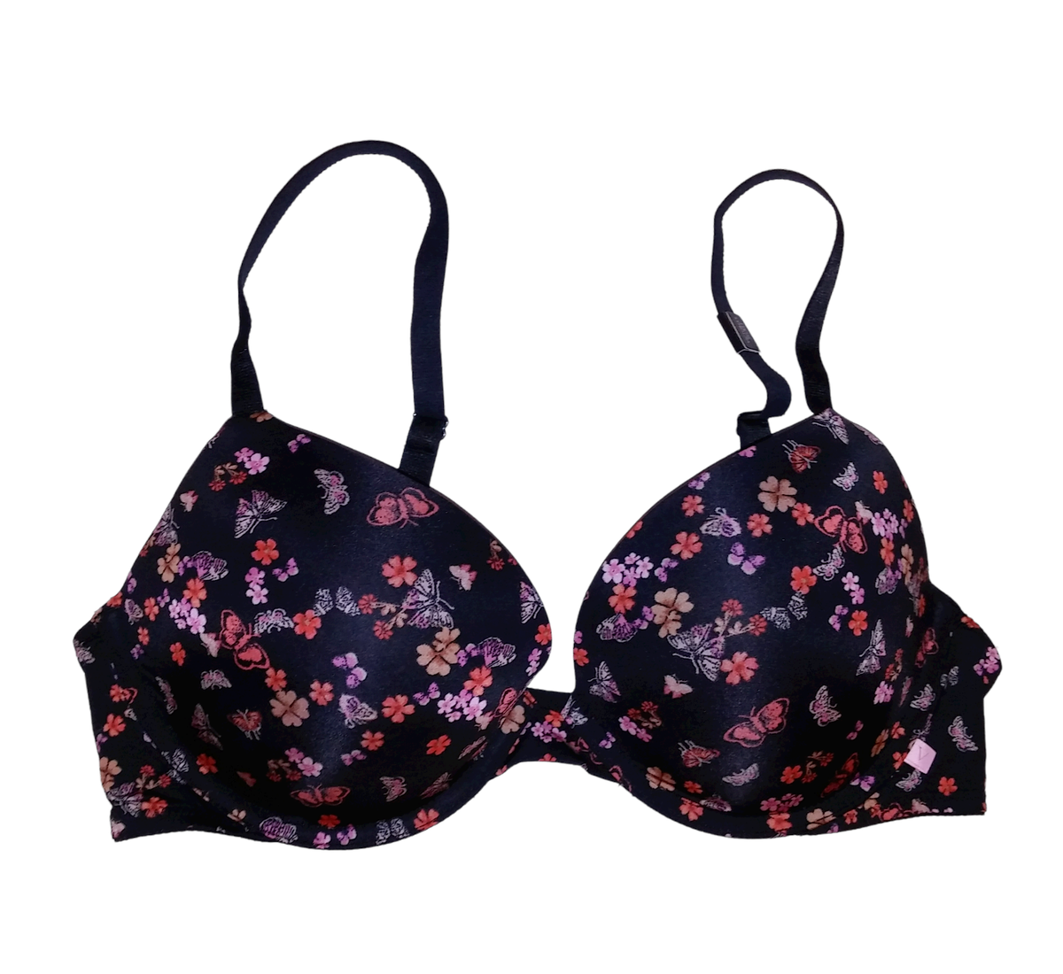 Victoria Secret Bra 36C Push Up Black Red Floral Butterfly