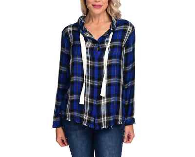 NEW Indigo Thread Co. Woven Plaid Long Sleeve Raw Edge Hem Hooded Shirt