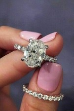 Oval 2.95Ct Simulated Diamond Bridal Wedding Ring Set White Gold Finish Size 6.5