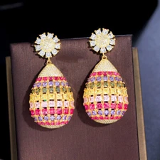 Yellow Gold Plated Multicolor Cubic Zirconia Long Flower Dangle Drop Earrings 