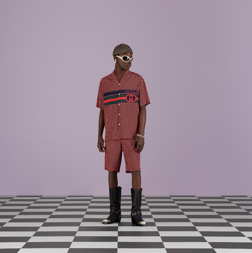 GUCCI geometric houndstooth print bowling shirt blue and red