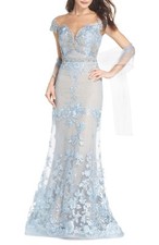 MAC DUGGAL Powder Blue Nude Metallic Beaded Lace Applique Maxi Gown Shawl 14