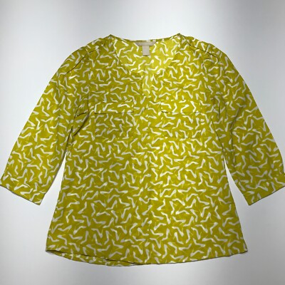 Banana Republic Top Blouse Womens Sz XS Yellow Print Cropped Sleeve Lightweight