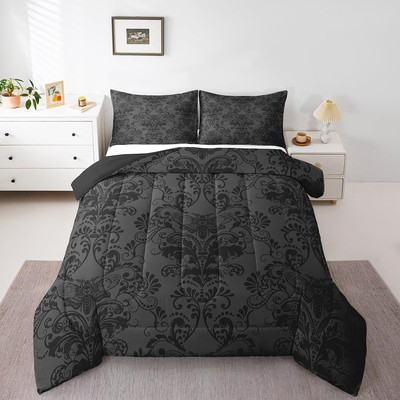 Adults Black Damask Comforter Set Antique Victorian Baroque Gothic Bedding Set K