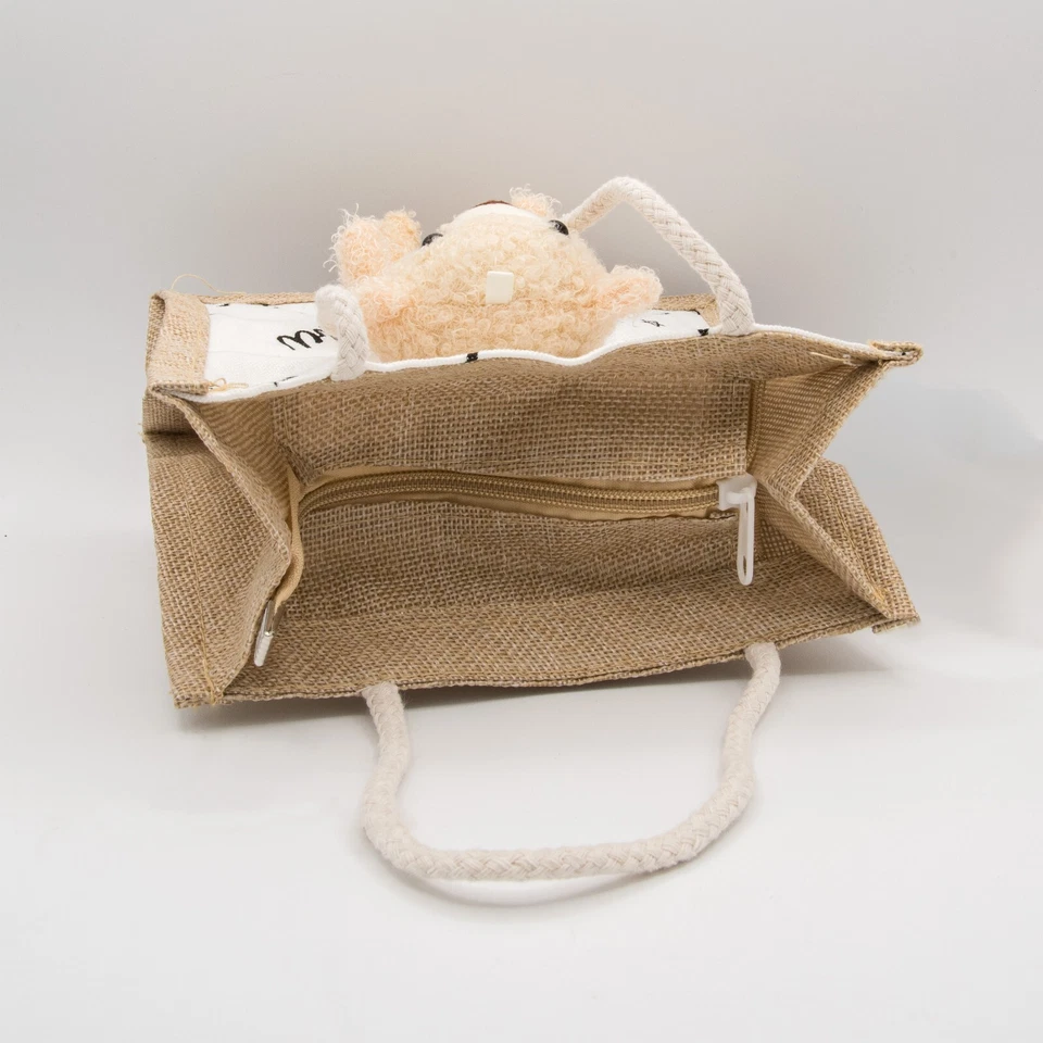 Bolso de mano artesanal de diseño limitado de arpillera yute cremallera oso muñecas bolsa de regalo 8X8X4" Foto 2 de 4