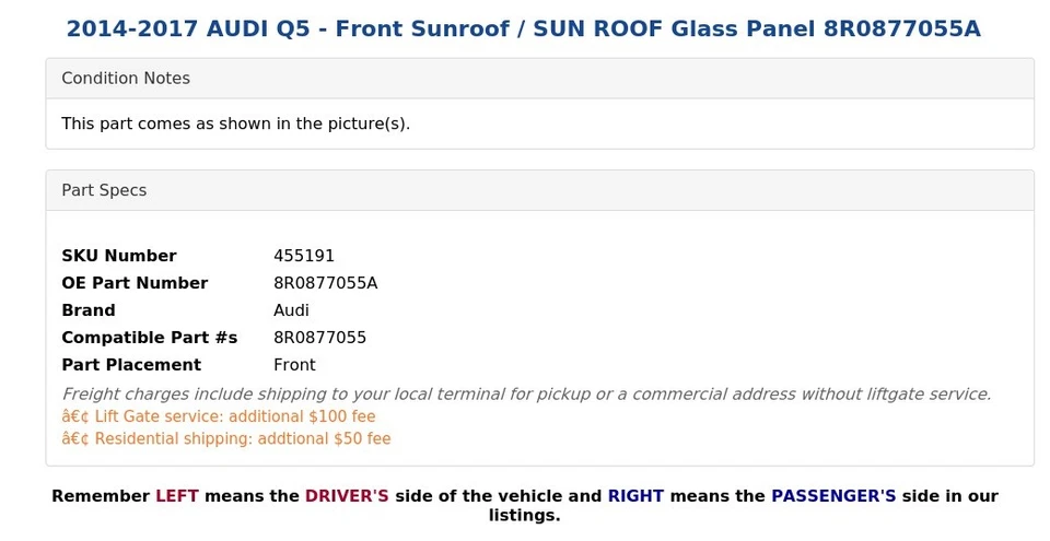 AUDI Q5 2014-2017 - Techo corredizo delantero/techo corredizo panel de vidrio 8R0877055A Foto 4 de 4
