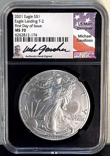 2021 American Silver Eagle NGC MS70 Eagle Landing T-2 FDoI Gaudioso Signed