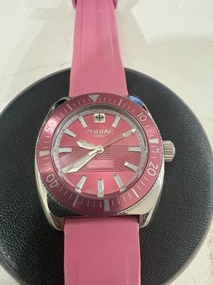 Zodiac Desert Falcon Women's Watch Diver Swiss Made Pink Dial Rotating Bezel