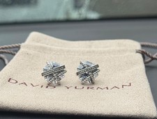 David &Yurman Cable Wrap Sterling Silver Stud Earrings In White Topaz & Diamonds