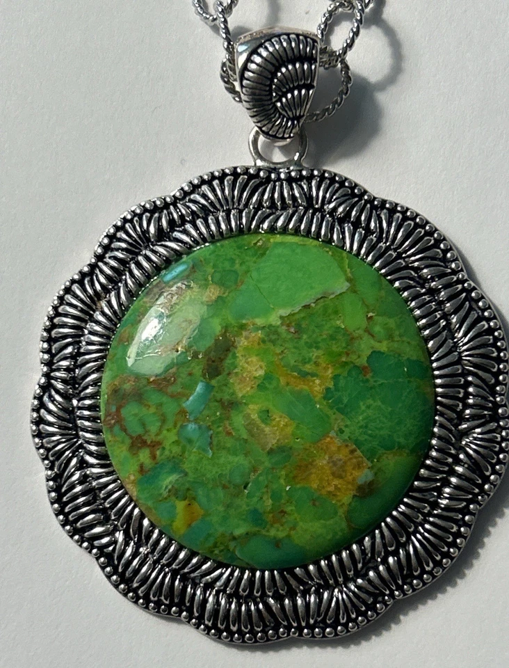 Barse Thailand Green Turquoise Pendant Necklace 18” Rope Link Adjustable; Silver - Image 4 of 4