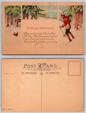 Vintage A Glad New Year Skier Winter Scene Poem Postcard Made in USA