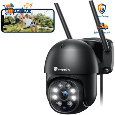 Ctronics PTZ Überwachungskamera 2K 3MP WiFi Außen Auto Tracking Schwarz Metall