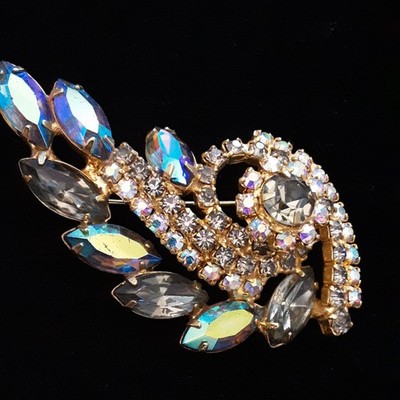 VINTAGE AB Swirl Floral Brooch MId century 50-60 'S Topaz & Smokey Rhinestones