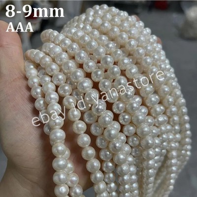 8-9mm Echte Natürlich Rund Weiß Süßwasser Perle Lose Perlen Schmuck DIY 15 Zoll
