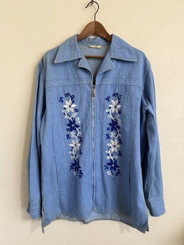 Vintage 60's BORDADOS AZTECA Mens Mexican Embroidered Denim Hippie Shirt 44