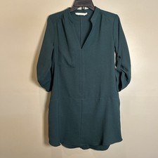 Lush Womens Small Shift Dress Dark Green Relaxed Fit Roll Tab Sleeves Pockets