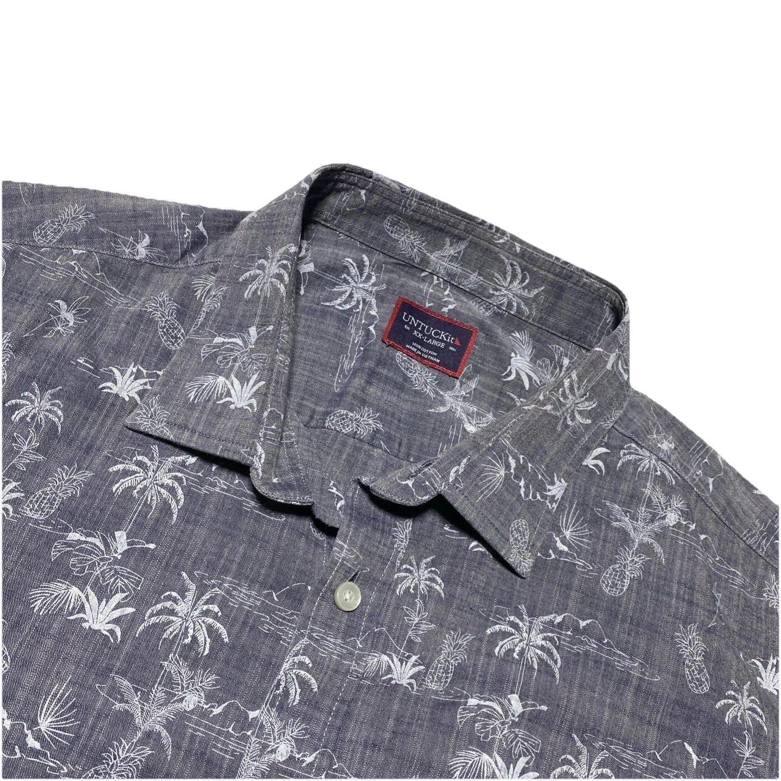 Untuckit Shirt Mens XXL Gray Floral Hawaiian Pineapples Palm Trees Coastal 2XL