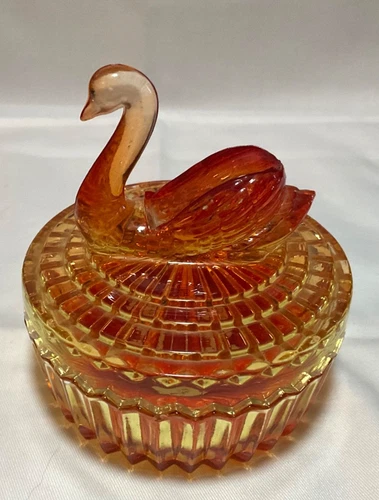 Jeanette Glass Amberina Glass Swan Powder Dish & Lipstick Holder, Trinket, Candy