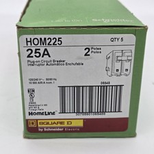 Lot of 5 Square D HOM225 25A 2-Pole Circuit Breaker Homeline Plug-On 120/240V