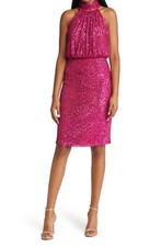 Eliza J DEJ10-6641 Sequin Mock Neck Cocktail Dress Sz 10 Bright Pink