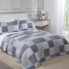 Chiltern Bedspread Plus Pillow Shams Set Quilted Patchwork Grey/Blue Bedspreads