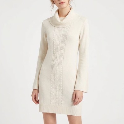 BCBGMAXAZRIA Ivory Cowl Neck Cable Knit Bell Sleeve Sweater Dress Large DVA 970