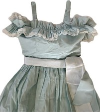 Vintage 80s 90s Ice Blue Ruffle Eyelet Lace Prom Gown - Romantic Sash - S