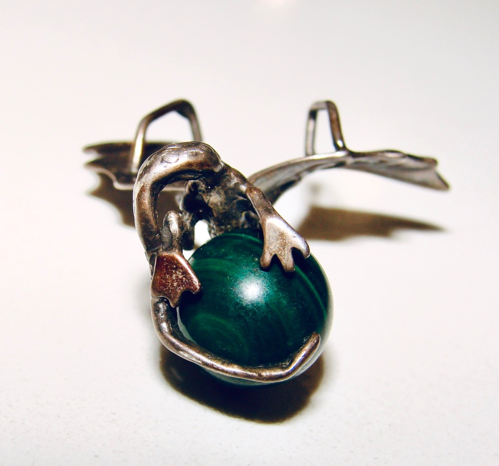 DESIGNER SIGNED STERLING SILVER DRAGON GREEN MALA… - image 13