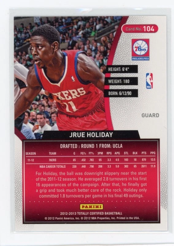 2012-13 Panini Totally Certified #104 Jrue Holiday Totally Blue #/299 - Image 2 of 2