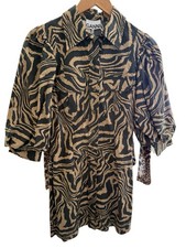 NWT GANNI Zebra-Print Puff Sleeve Shirt Dress in Black & Tan Size 36