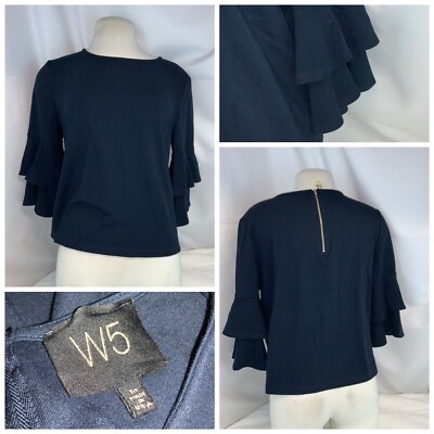 W5 Blouse M Women Blue Viscose Nylon Stretch Ruffle ¾ Sleeves USA YGI H0-237
