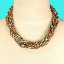 16" Multi Strand Aqua Light Gold Color Handmade Seed Bead Statement Necklace