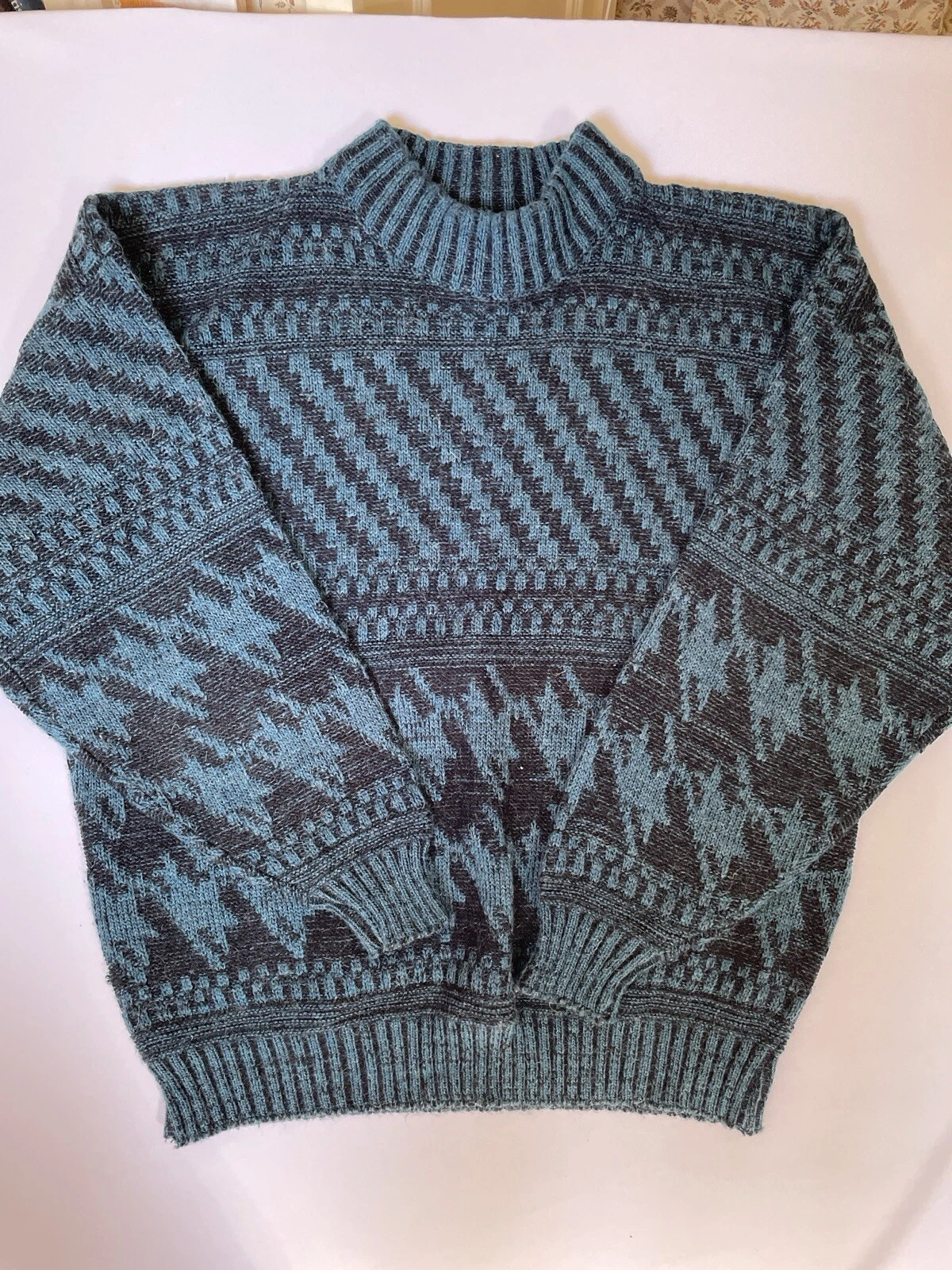 Vintage 1990s Adam Sloane Sweater Mens XL Black /Teal Geometric Knit Wool Blend