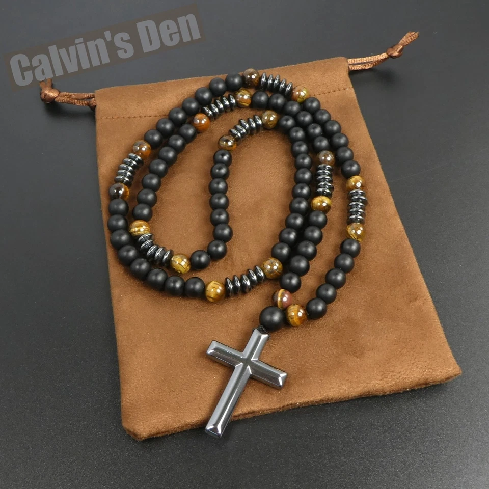 Collar Colgante Cruz Hematita Negra Ojo de Tigre Obsidiana Negra Hombre Mujer Regalo Foto 4 de 4