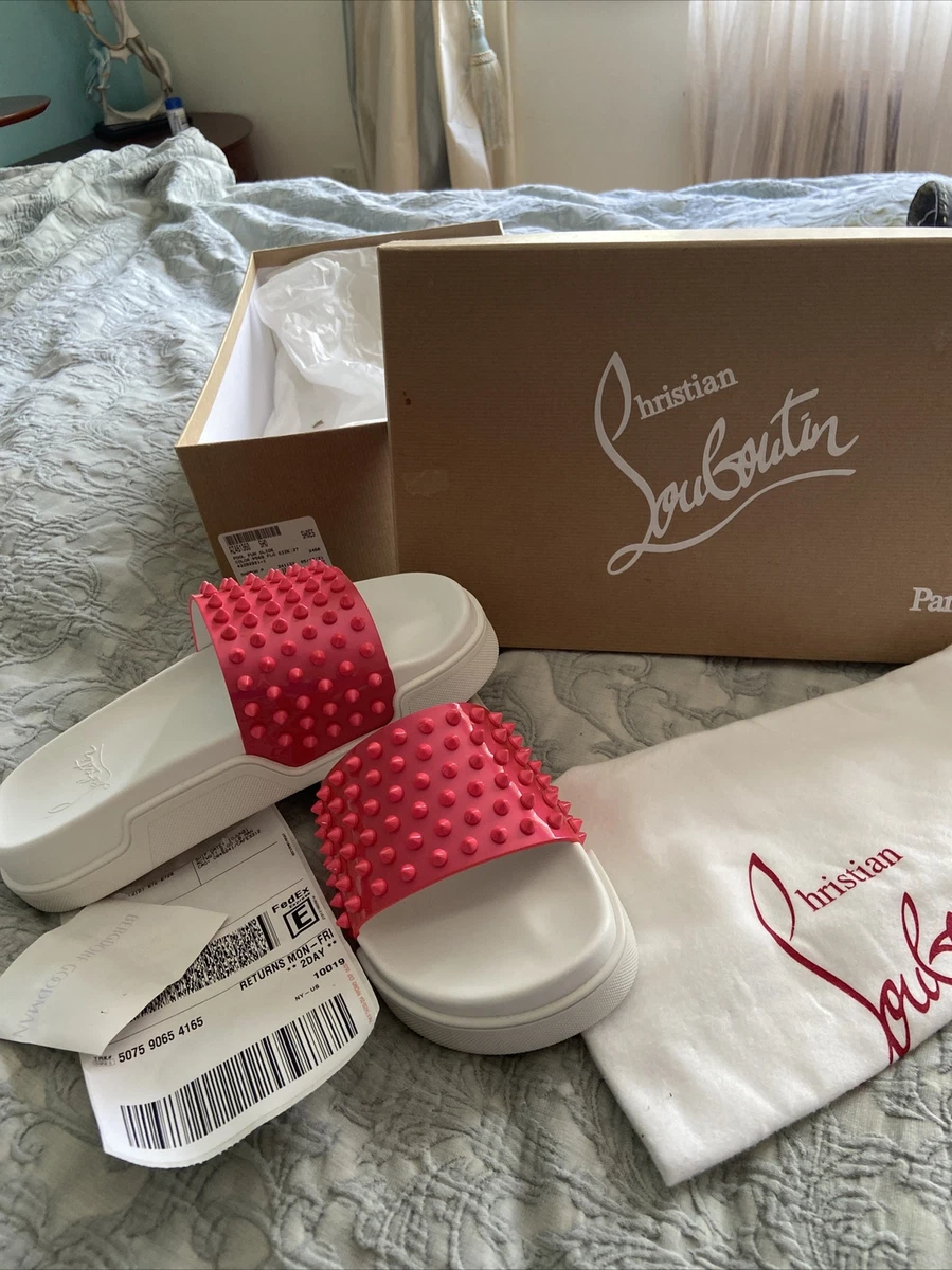 NWT Women’s Christian Louboutin Pink/red Spiked Pool/summer Slides/ US 7 Eu  37