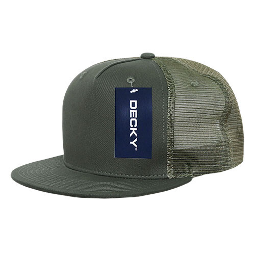5 Panel Flat Bill Trucker Cap - Olive (Decky 1040-OLV, New w