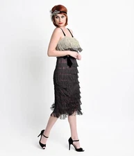 UNIQUE VINTAGE TIERED FRINGE DRESS WITH AN OMBRÉ EFFECT FROM BEIGE TO BLACK  NEW