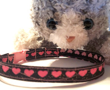 Hot Pink Hearts On Sparkly Black Cotton Fabric Handmade Cat Collar