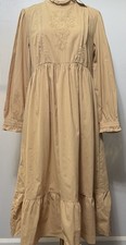 NEW Simple Retro Midi Dress Khaki Tan Embroidered Boho Prairie Cottagecore Large