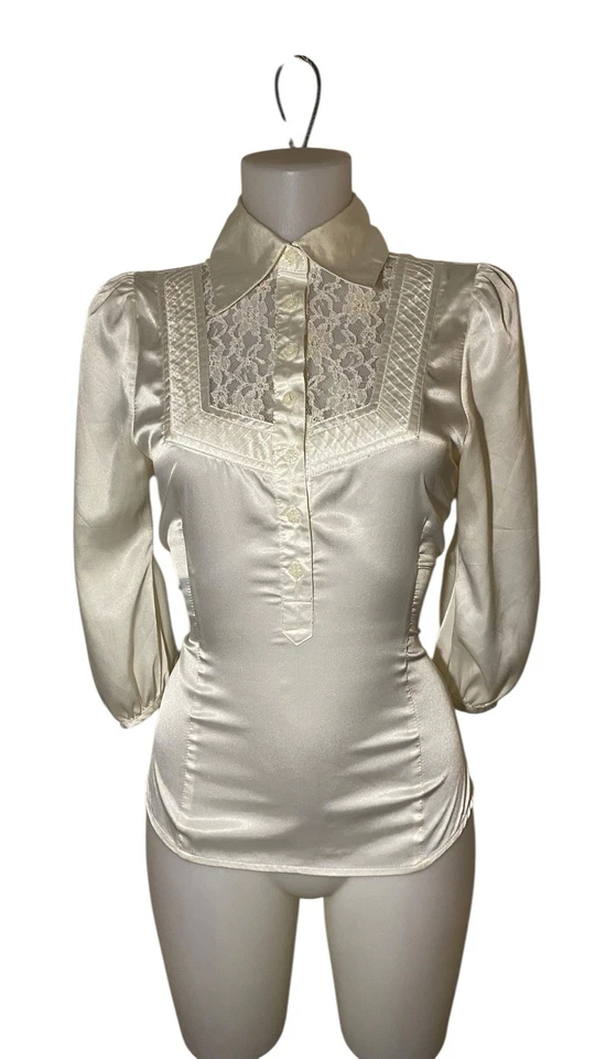 Y2k 90-х женщин викторианской слоновой кости атласной кружева оборки готический гранж ведьмы Топ Sz S - Изображение 3 из 4