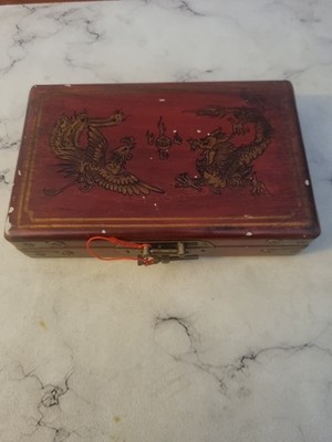 Vintage Set 28 Dominoes Brass Center Pin Wood Box Chinese Sealed