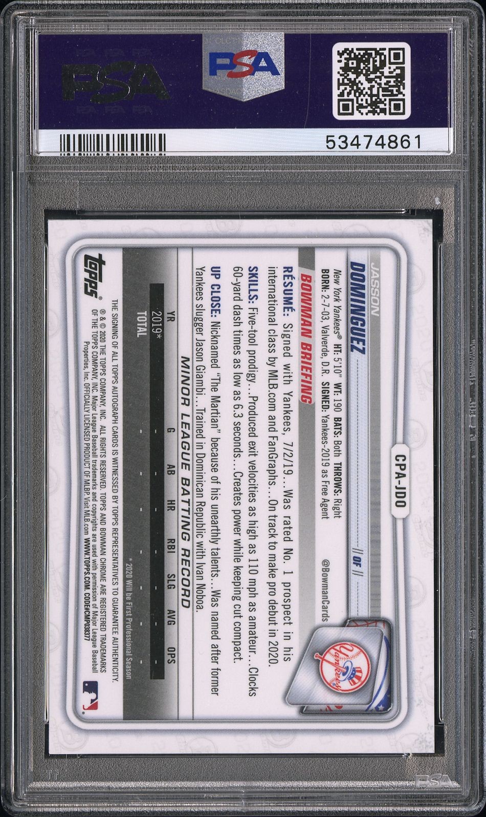 2020 BOWMAN CHROME PROSPECT AUTOS #CPAJDO JASSON DOMINGUEZ 97/100 PSA 10 AUTO view 2